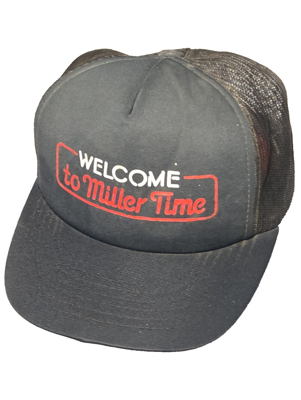 Vintage Welcome To Miller Time Trucker Hat Snapback Black Mesh Beer Promo 80s